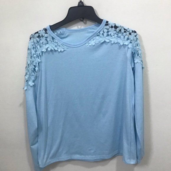 Tops - Women’s Light Blue Lace Shoulder Long-Sleeve Blouse